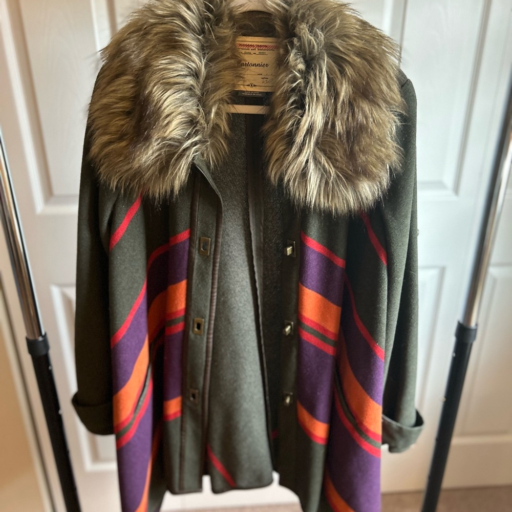 Olive Green Knit Sweater Coat with Faux Fur Collar - Women's - Picture 2 of 4